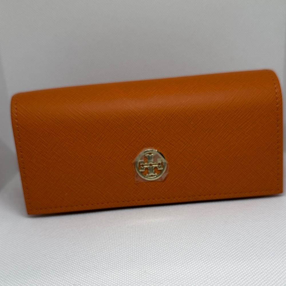 Tory Burch Eyeglass/Sunglass Case Burnt Orange Faux Leather Goldstone Logo